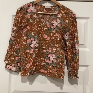 LOFT Floral V-Neck Blouse - Brown and Pink